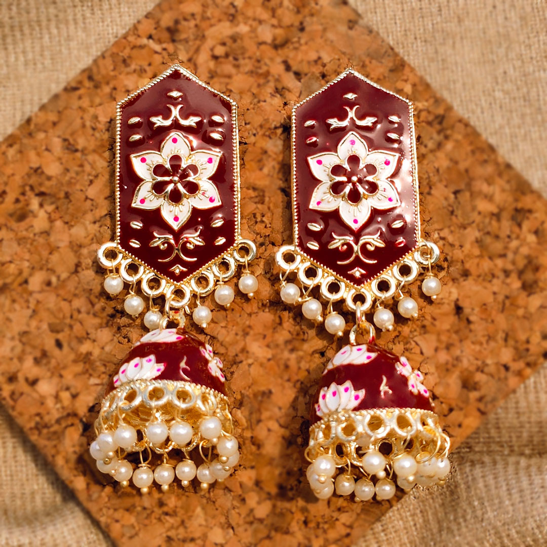 Maroon Meenakari Floral Jhumka Earrings with Pearl Drops