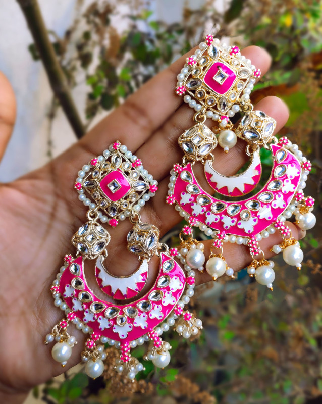 Pink hand painted kundan chandbali