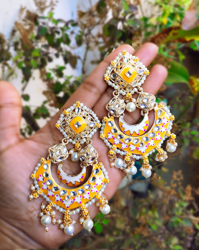 Yellow hand painted Kundan chandbali