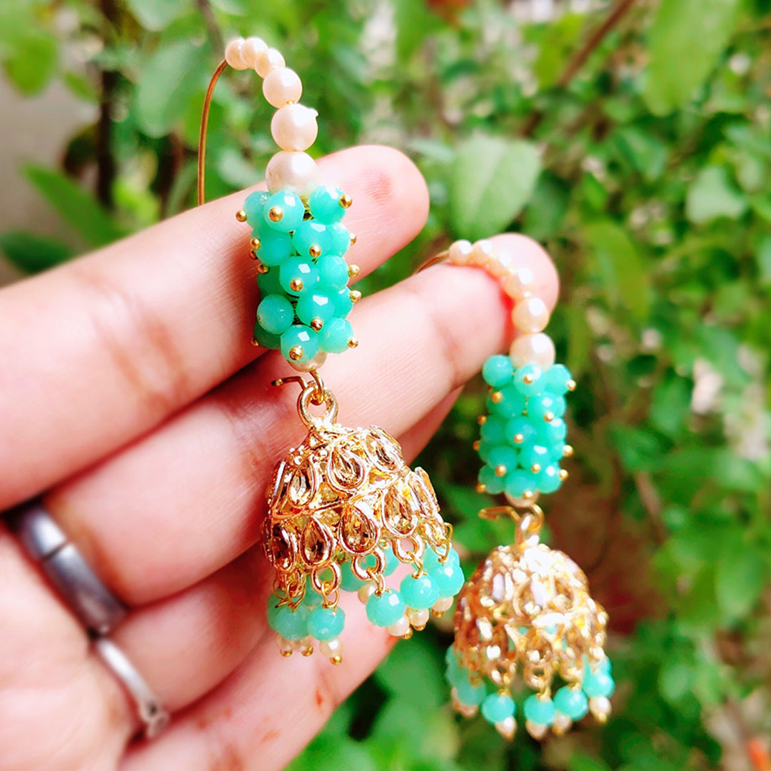 Beaded Jhumka Earrings with Gold Filigree