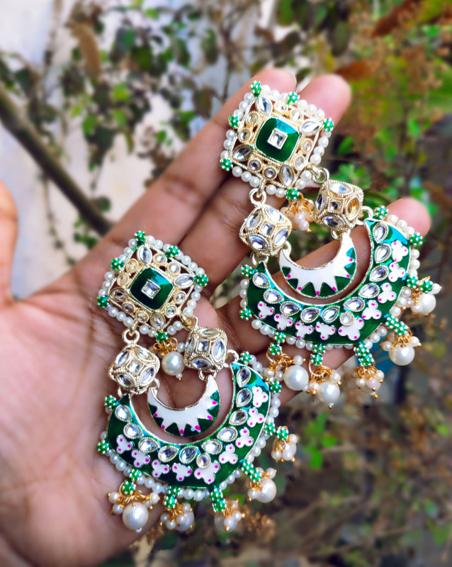 Green hand painted kundan chandbali