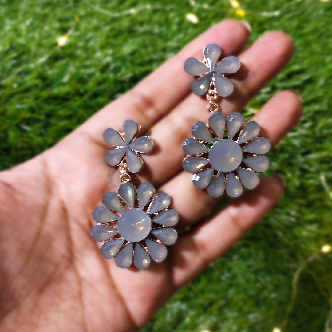 Grey Petal Floral Drop Earrings in Rose Gold Finish