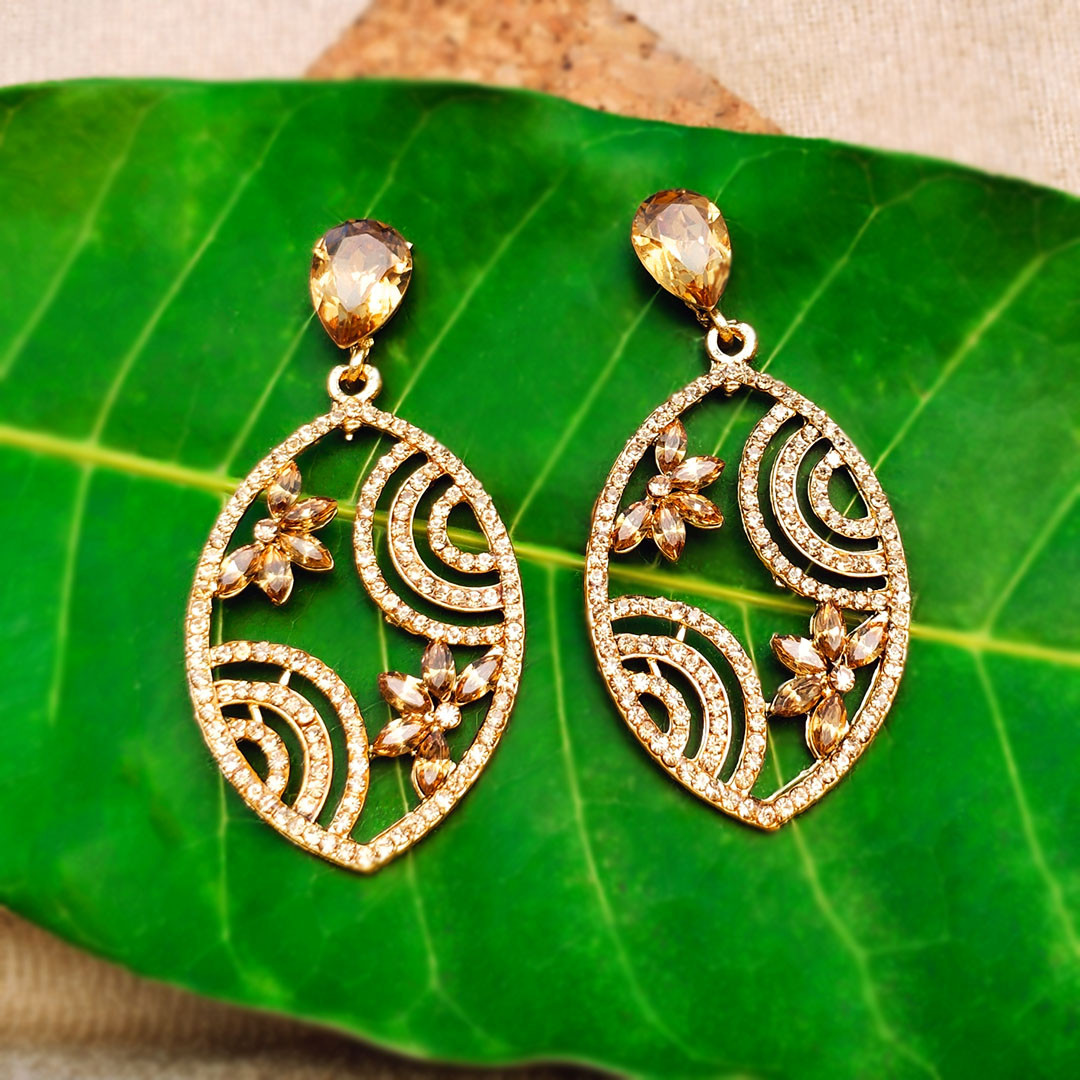 Champagne Crystal Oval Drop Earrings with Floral Motifs