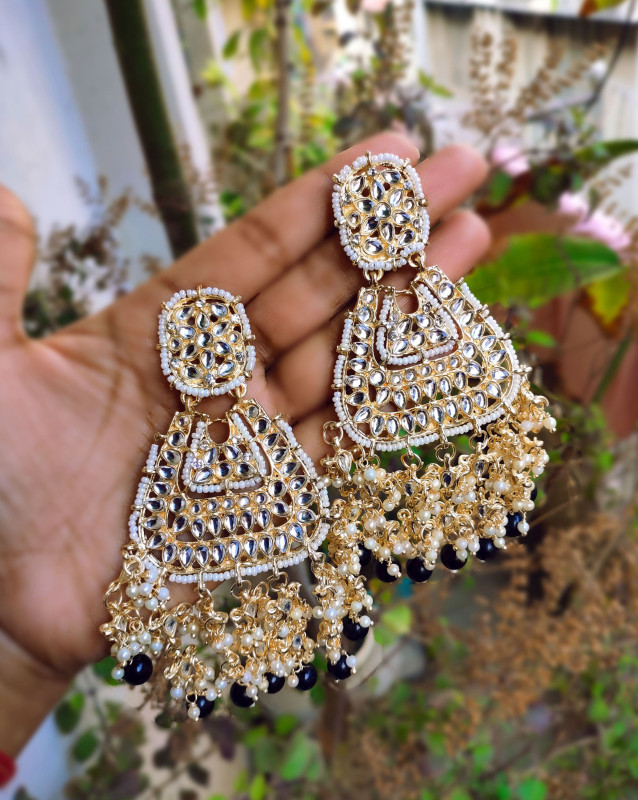 Heavy black pearl and kundan earrings