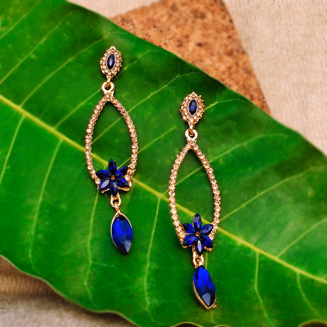 Royal Blue Crystal Teardrop Earrings with Floral Accent