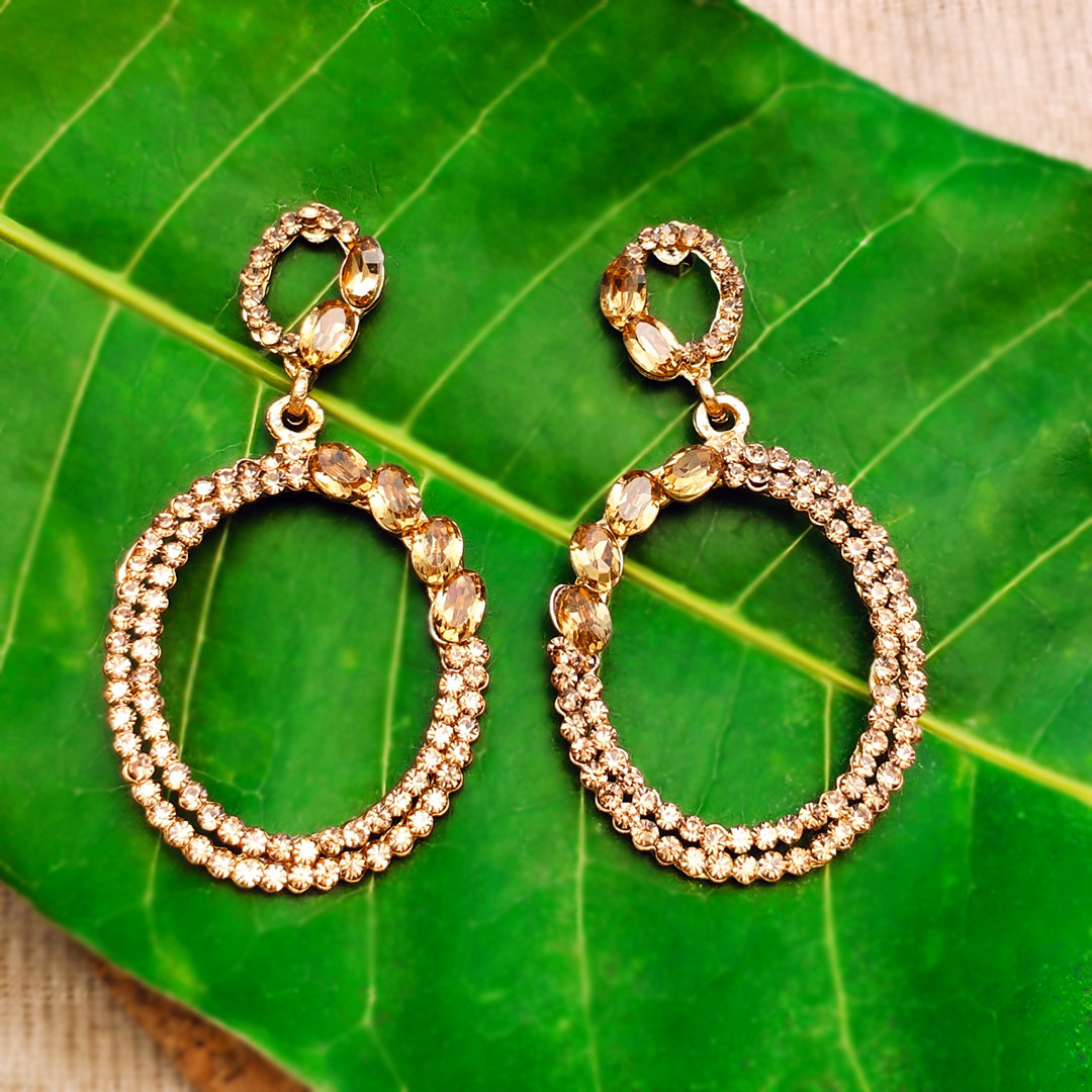 Gold Oval Crystal Drop Earrings with Champagne Stones