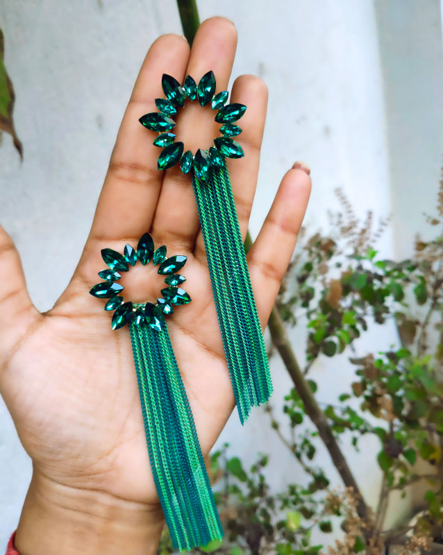 Emerald Crystal Ring Tassel Drop Earrings