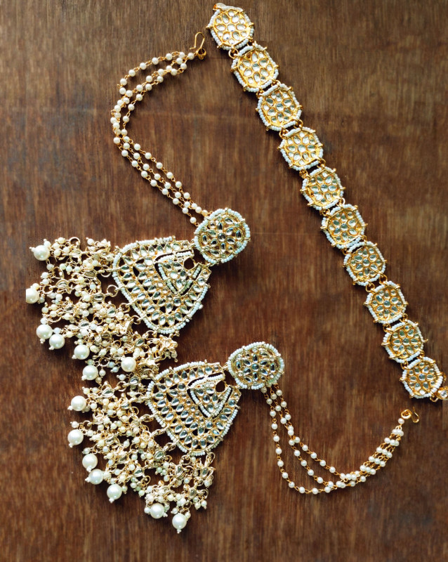 Heavy white pearl and kundan earrings